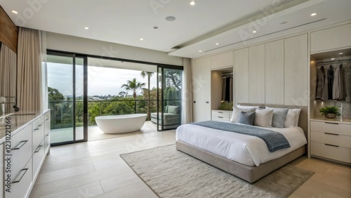 Modern and spacious master bedroom with an en-suite bathroom featuring a large walk-in closet  high end fixtures  modern design 