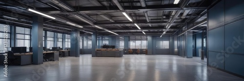 Modern blue corporate office space featuring exposed ductwork and metal partitions  metal partitions  blue corporate office  exposed ductwork