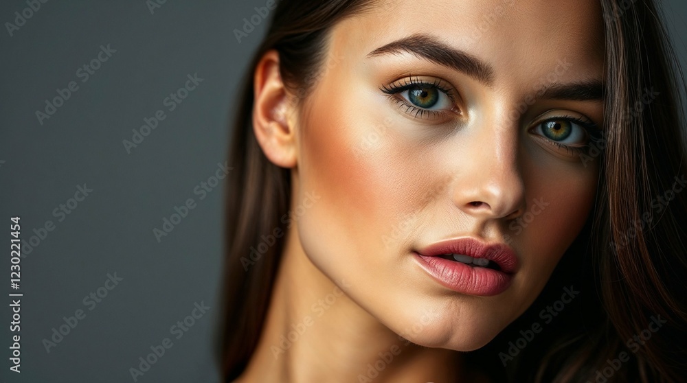 Naklejka premium Photorealistic fashion close-up portrait of a young woman with long dark hair and green eyes against a gray background
