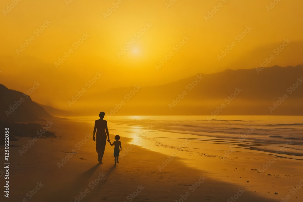 Naklejka premium Silhouetted figures of a mother and child walking hand in hand along a sandy beach, enjoying the warm hues of sunset and ocean waves
