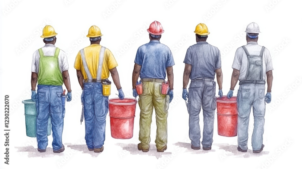 Construction workers in hard hats and overalls collaborating on a project site construction Construction workers in hard hats and overalls collaborating on a project site construction