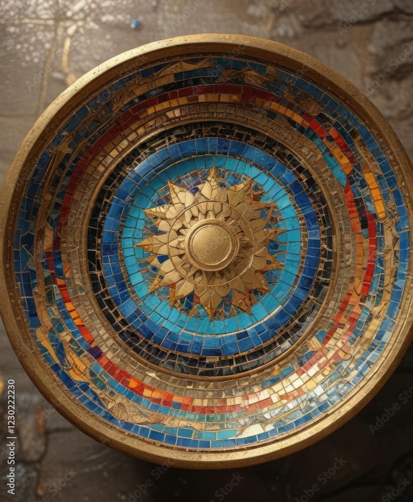 Naklejka premium Mosaic art on a cracked ceramic bowl with golden ointment, intricately patterned, unique piece
