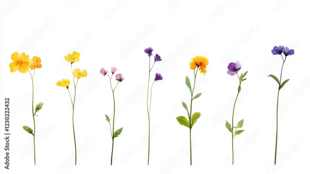 Elegant row of blossoming flowers on white background, a stunning display of nature's beauty Elegant row of blossoming flowers on white background, a stunning display of nature's beauty