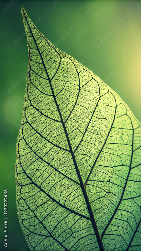 Obraz premium A close-up of a leaf reveals its intricate network of veins against a vibrant green background. The lighting highlights the delicate structure and natural patterns, emphasizing the beauty of nature.AI