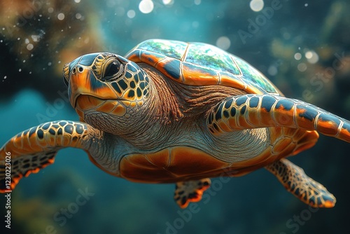 Vibrant sea turtle swimming gracefully through the clear blue ocean waters in a lush underwater environment