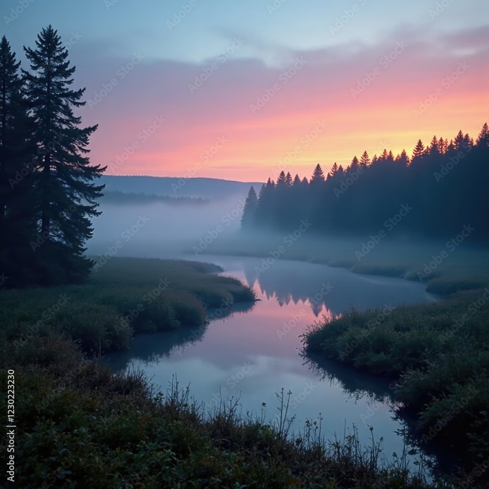 Fototapeta premium Fog-shrouded bank at dusk with distant forest, bank, fog, forest