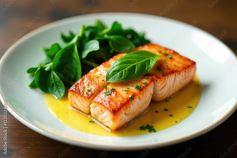 Freshly cooked salmon steak with steamed spinach and lemon sauce, steak, meal Freshly cooked salmon steak with steamed spinach and lemon sauce, steak, meal