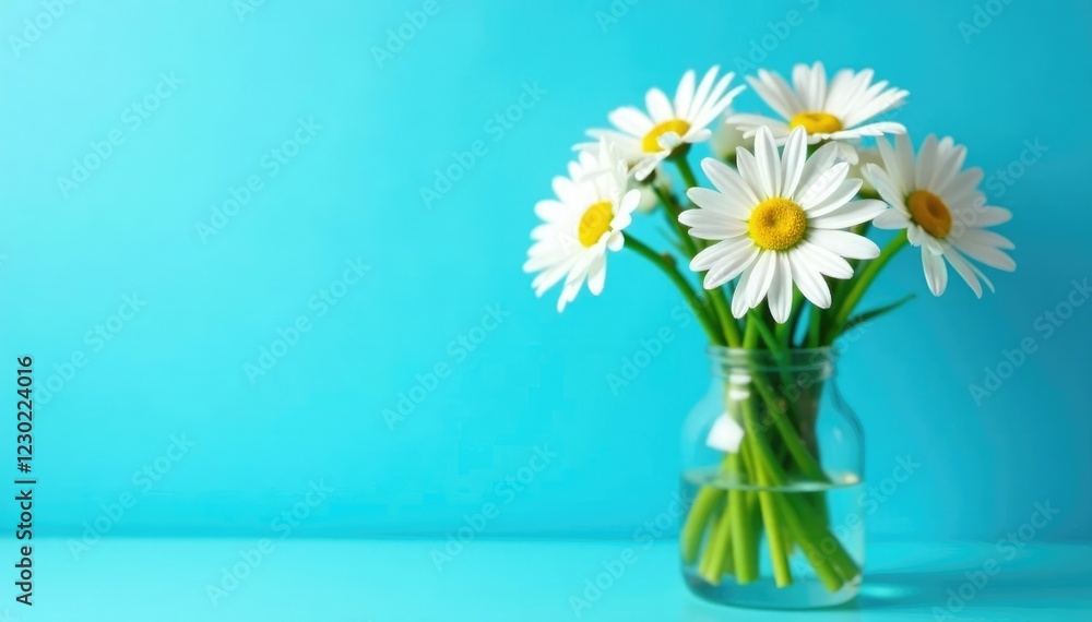 Fresh green stems of daisies in a large glass vase against a bright blue background, green, stems, glass Fresh green stems of daisies in a large glass vase against a bright blue background, green, stems, glass