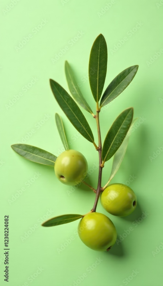 Fresh olive branch with olives on a soft pastel green background, floral, fresh olive, rustic Fresh olive branch with olives on a soft pastel green background, floral, fresh olive, rustic