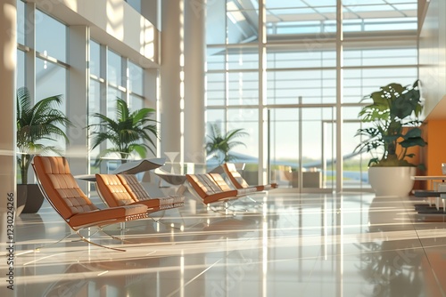 modern conceptual glossy shiny airport lounge hype realistic Mediterranean-inspired glossy shiny airport lounge with natural materials and warm tones contemporary bright stylish interior . photo