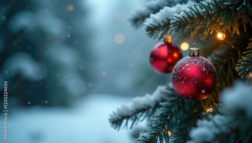 Frosty fir branches draped with sparkling red Christmas balls and twinkling festive holiday lights in a winter wonderland scene, twinkling, frosted Frosty fir branches draped with sparkling red Christmas balls and twinkling festive holiday lights in a winter wonderland scene, twinkling, frosted