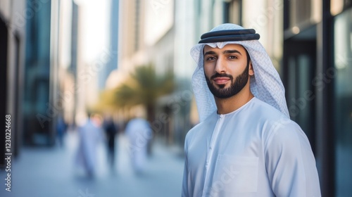 Photo of Arab middle-eastern man wearing emirati kandora traditional clothing in the city - Arabian muslim businessman strolling in urban business centre. photo