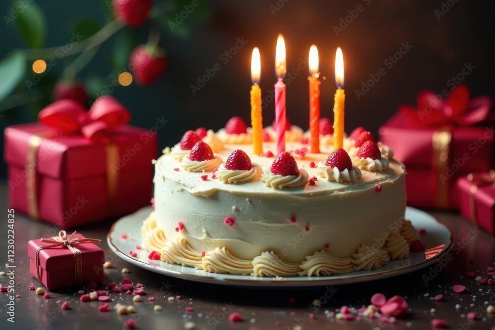Ornate cake with candles, surrounded by gifts , element, decorations Ornate cake with candles, surrounded by gifts , element, decorations