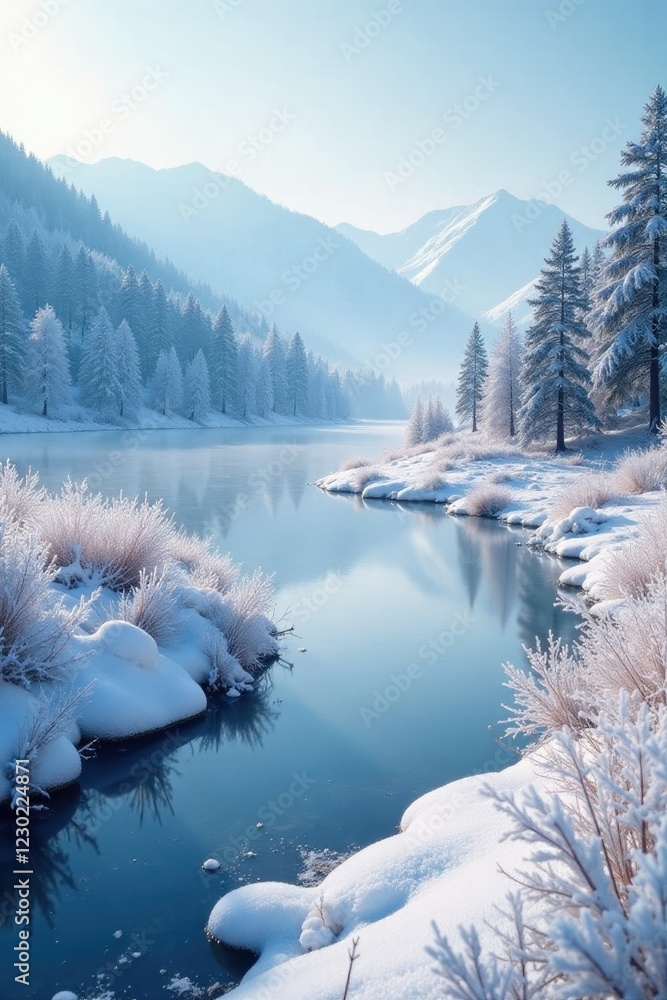 Frosty morning landscape with snow-covered hills and frozen pond, snow-covered, hills Frosty morning landscape with snow-covered hills and frozen pond, snow-covered, hills