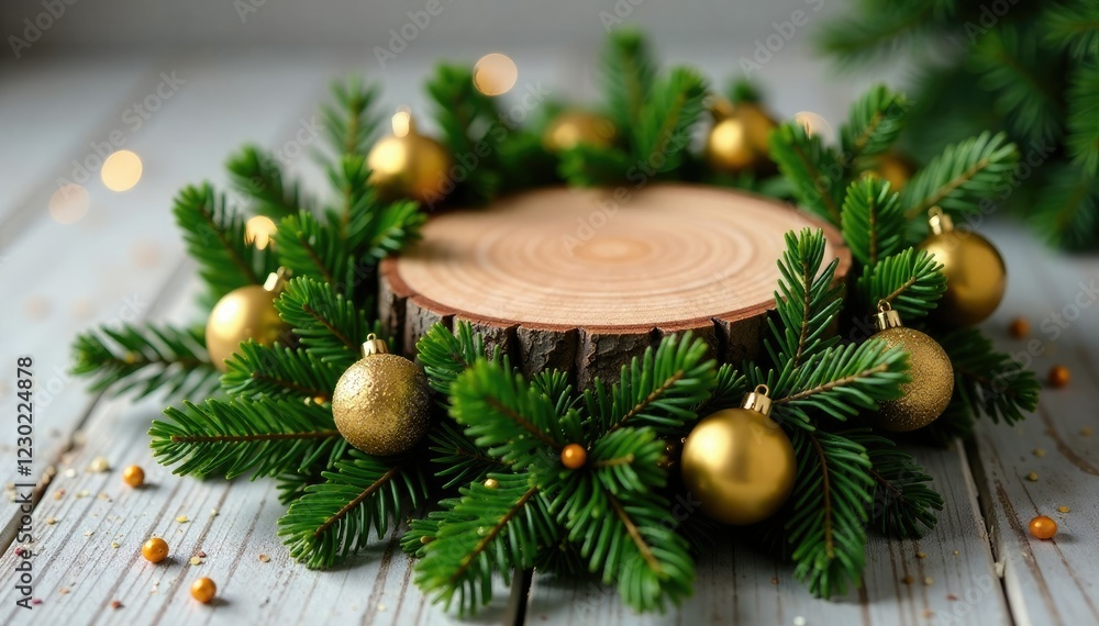 Olive green and gold garland wrapped around a wooden Christmas tree stump, holiday, wreath, gold Olive green and gold garland wrapped around a wooden Christmas tree stump, holiday, wreath, gold