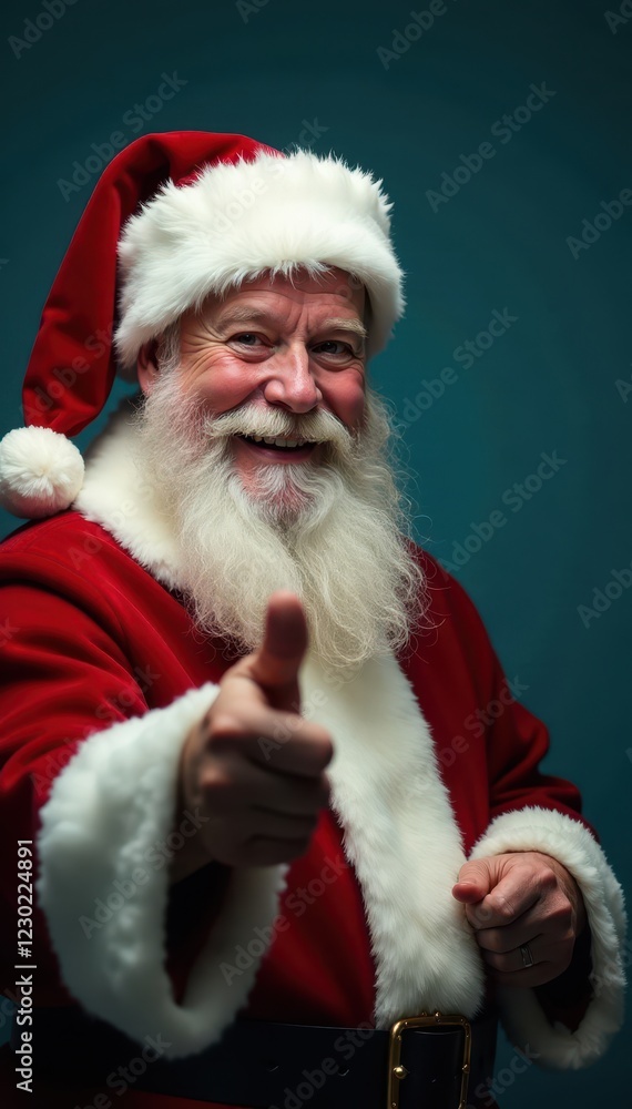 Smiling Santa gestures towards empty ad space, pointing, advertising Smiling Santa gestures towards empty ad space, pointing, advertising