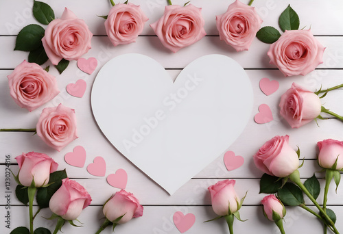Pink rose flowers and heart with space for text