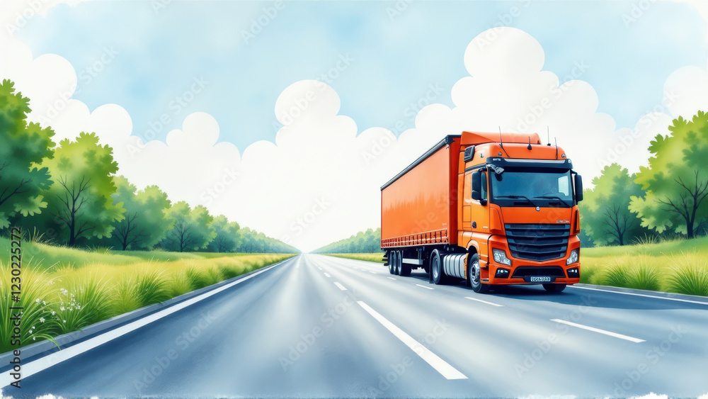 Fototapeta premium Orange Truck Driving on a Scenic Highway