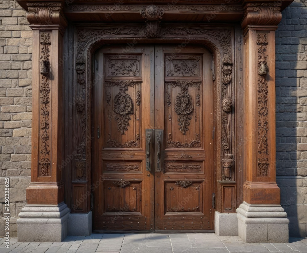 Ornate wooden doorway with carved posts and metal hinges, old door, stone door, wooden doorway Ornate wooden doorway with carved posts and metal hinges, old door, stone door, wooden doorway