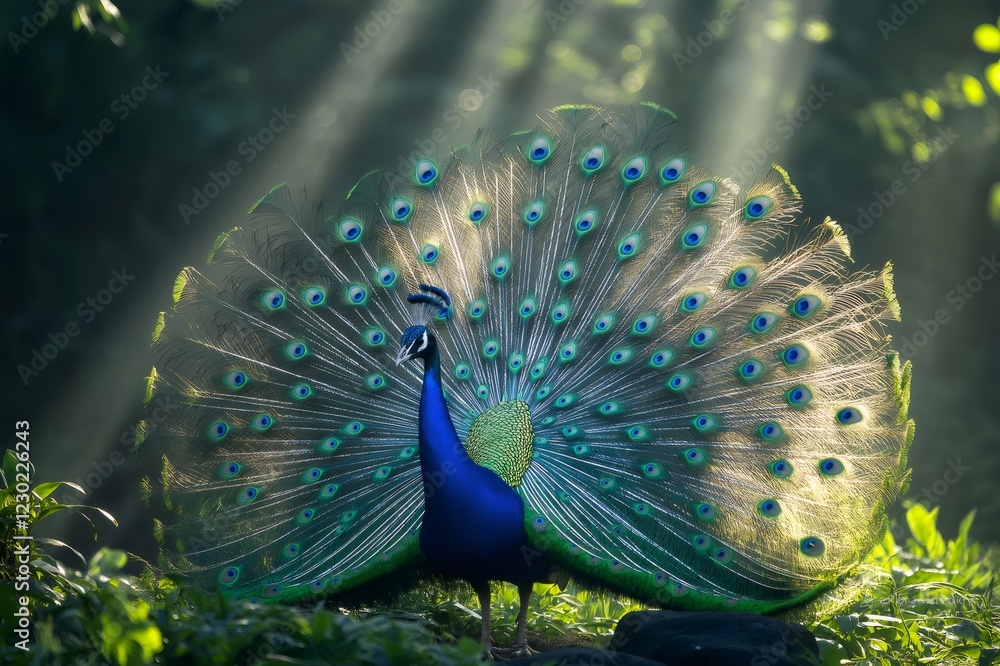 Obraz premium Indian peacock showing its beautiful feathers in a jungle with sunbeams filtering through the trees