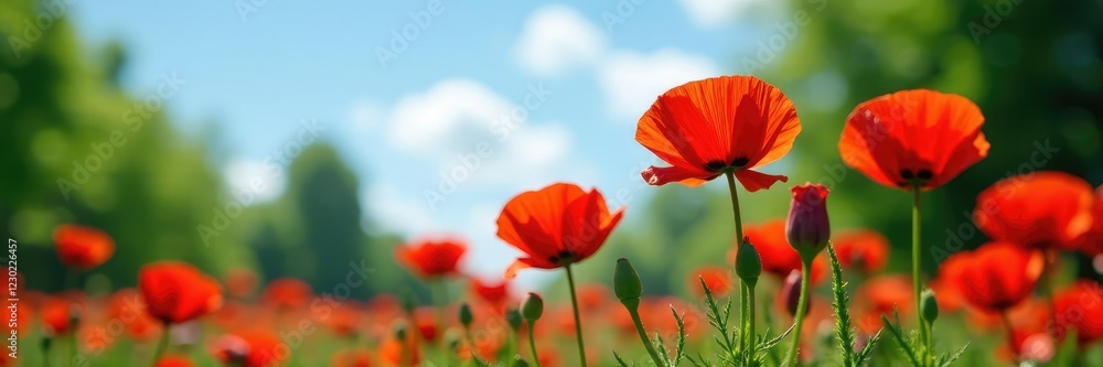 Obraz premium Lush red poppy blooms against a backdrop of green trees and blue sky, garden, poppy, sky