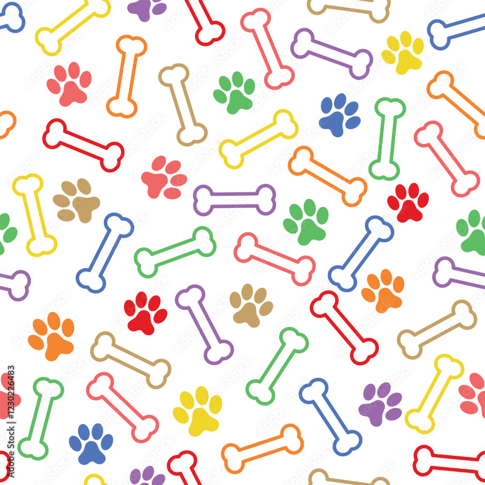 Colorful Dog Bones and Footprint Pattern - Messy Bones and Paws on White Background. Seamless Link. Colorful Dog Bones and Footprint Pattern - Messy Bones and Paws on White Background. Seamless Link.