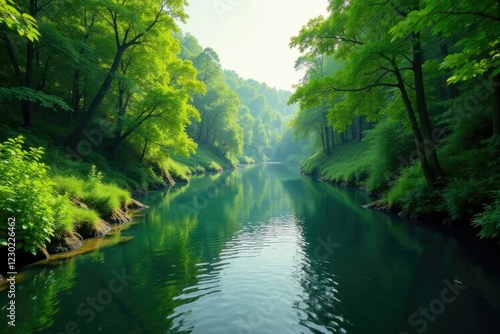 Lush green foliage surrounds serene river landscape with gentle ripples, nature, forest