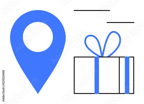 Blue map pin beside a wrapped gift box with ribbon. Ideal for location services, delivery, gift-giving, online shopping, special occasions, logistics, festive themes. Line metaphor