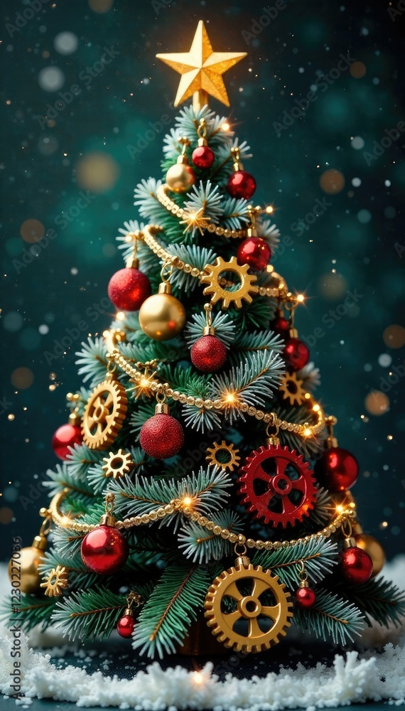 Fototapeta premium Christmas tree with intricate gear decorations wrapped around the trunk, festive, christmas, snowflakes