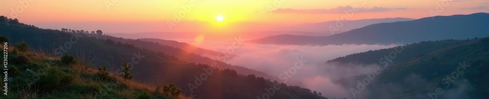 Misty dawn landscape with rolling hills and foggy valleys, sunrise, landscape, gentle Misty dawn landscape with rolling hills and foggy valleys, sunrise, landscape, gentle