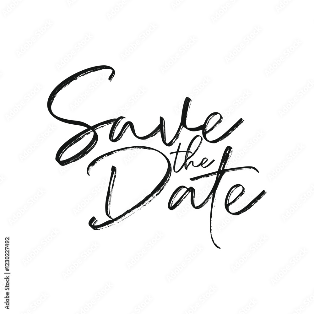 Obraz premium Save the Date text typography, hand-drawn modern vector calligraphy. Simple inscription with wavy lettering for wedding invitations, greeting cards, cover designs. Vector template.