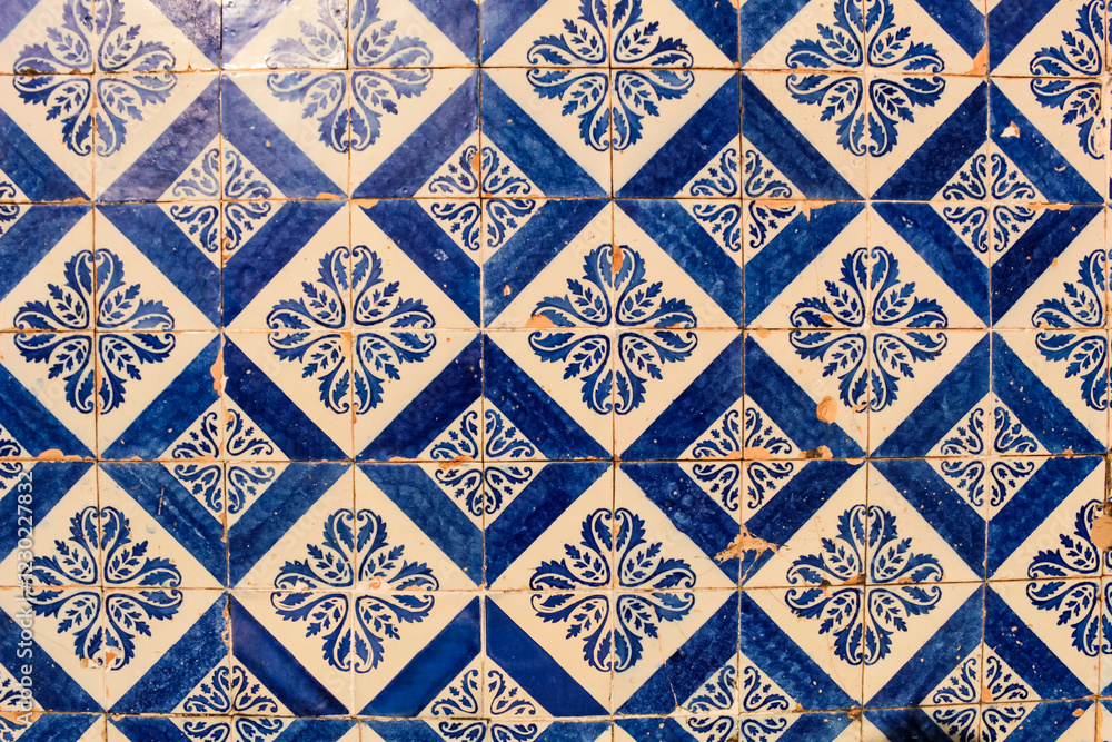 Geometric pattern of old tiles, in blue and white colors, very common on the facades of colonial buildings in the historic center of São Luís, Maranhão, Brazil. Geometric pattern of old tiles, in blue and white colors, very common on the facades of colonial buildings in the historic center of São Luís, Maranhão, Brazil.