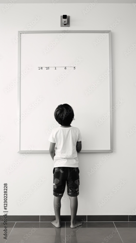 Fototapeta premium A young child is actively engaged in a math activity while using a whiteboard. A little boy is a genius in the class.