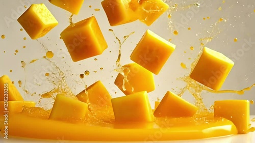 Cubed mango splashing in juice on white background, ideal for food and beverage advertising