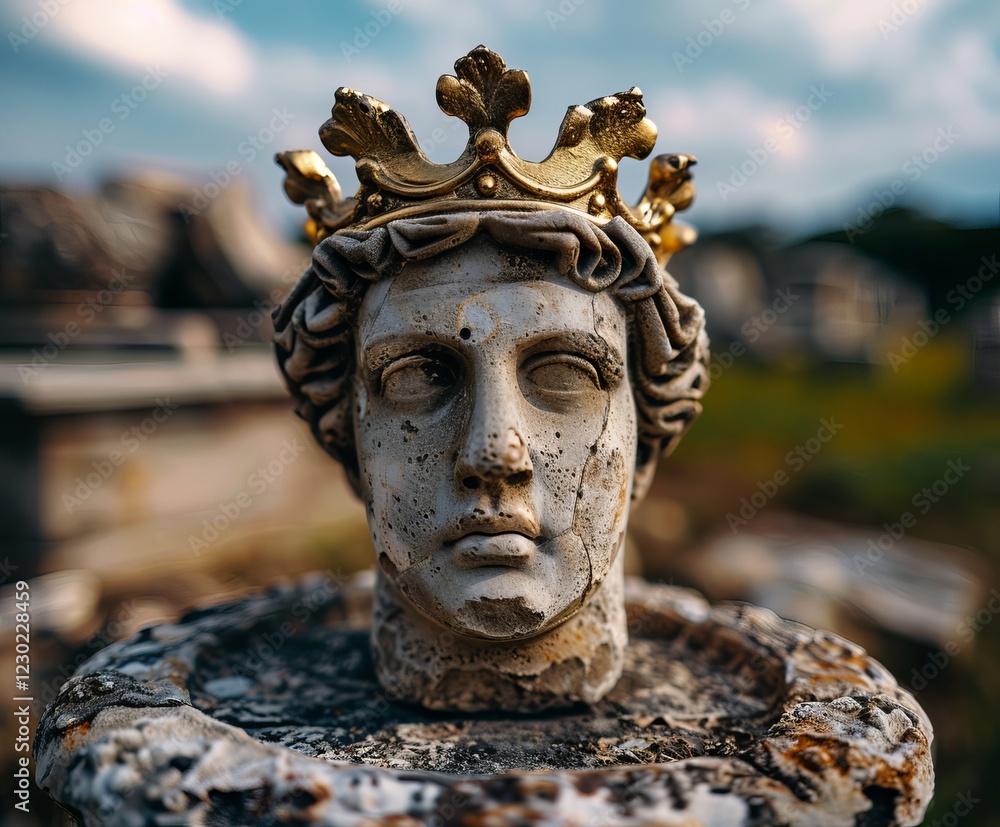 Obraz premium A weathered stone statue of a man with a golden crown, evoking a sense of mystery and history in a serene outdoor setting.