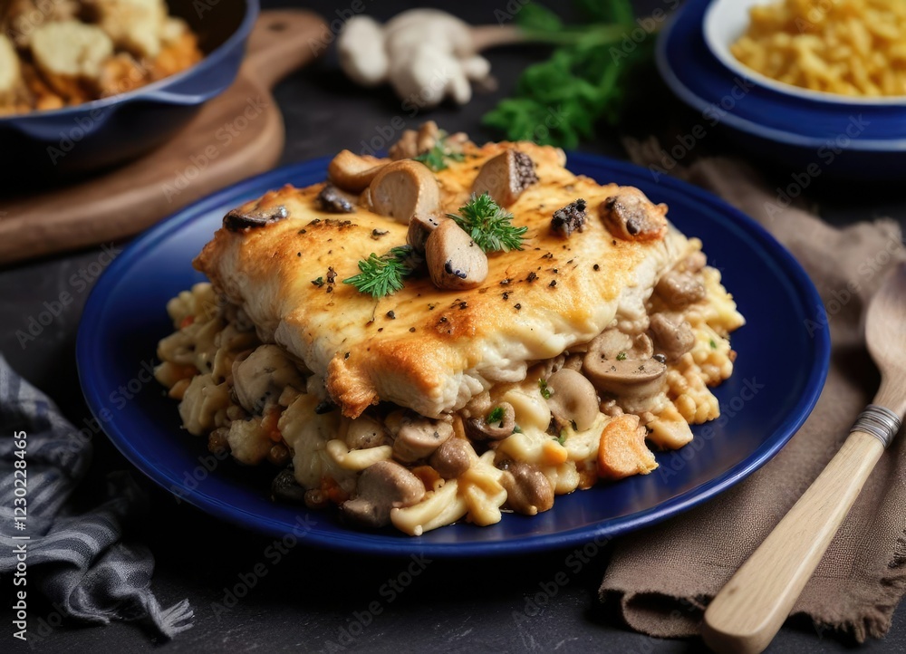 Hearty chicken and mushroom casserole with a crispy cheesy topping on a dark blue plate , savory, mushrooms Hearty chicken and mushroom casserole with a crispy cheesy topping on a dark blue plate , savory, mushrooms