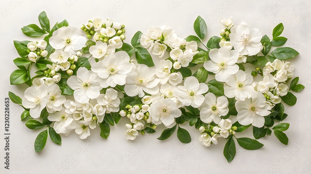 Fototapeta premium Elegant floral arrangement of delicate white blooming flowers such as roses or peonies with fresh green leaves and foliage creating a beautiful romantic and natural display