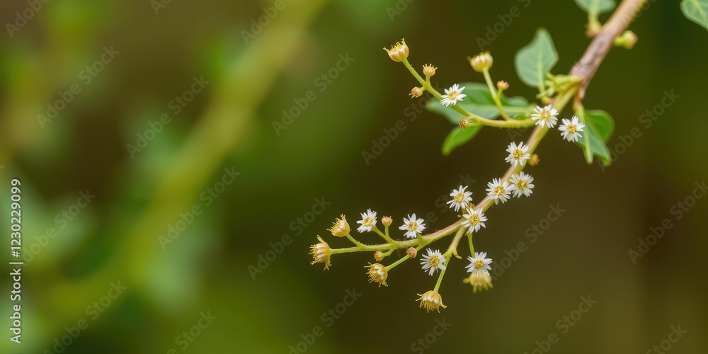High-magnification image of sericea lespedeza cuneata stem featuring small, delicate flowers and leafy branches, foliage, leaves High-magnification image of sericea lespedeza cuneata stem featuring small, delicate flowers and leafy branches, foliage, leaves