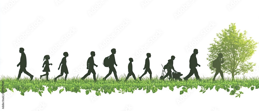 This vector illustration depicts the evolution of human life in silhouette, from an infant to an adult and elderly people walking on green fields against a white background. This vector illustration depicts the evolution of human life in silhouette, from an infant to an adult and elderly people walking on green fields against a white background.