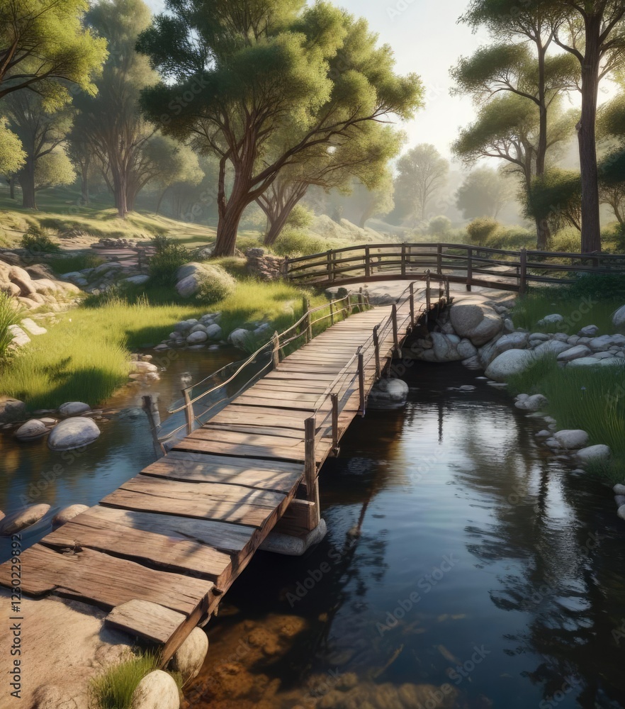 Fototapeta premium Serenity of creek winding through peaceful ranch land with bridge, bridge, creek, water