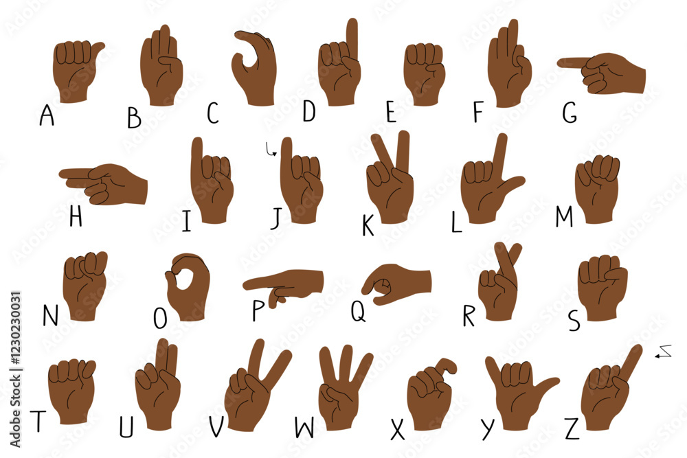 Fototapeta premium American Sign Language alphabet. An illustration of black African American hands for ASL educational poster. Deaf mute sign gestures. Isolated on white.