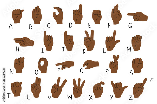 American Sign Language alphabet. An illustration of black African American hands for ASL educational poster. Deaf mute sign gestures. Isolated on white.