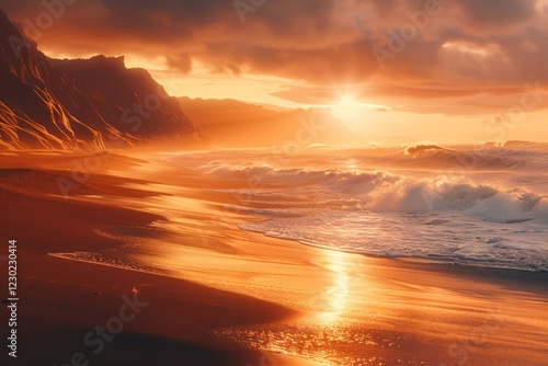 The sun sets behind rugged cliffs, painting the sky in warm hues. Gentle waves wash over the sandy shore, creating a calm and picturesque coastal atmosphere at dusk