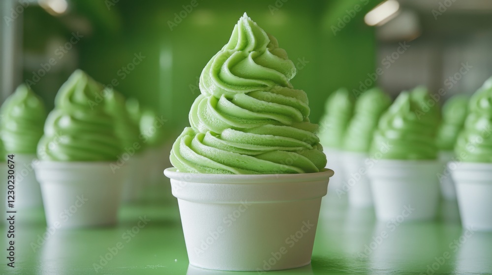 Delicious green soft serve ice cream in a cup, showcased in a vibrant dessert shop setting Delicious green soft serve ice cream in a cup, showcased in a vibrant dessert shop setting