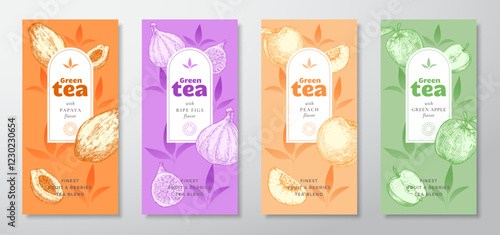 Tea Labels Vector Set. Fruit and Berries Tea Packaging Design Layouts Bundle. Modern Typography, Hand Drawn Tea Leaves, Papaya, Figs, Peach and Apples Silhouettes Beverage Backgrounds Isolated