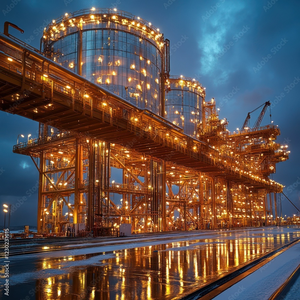 Obraz premium Illuminated industrial complex, nighttime reflection, winter scene