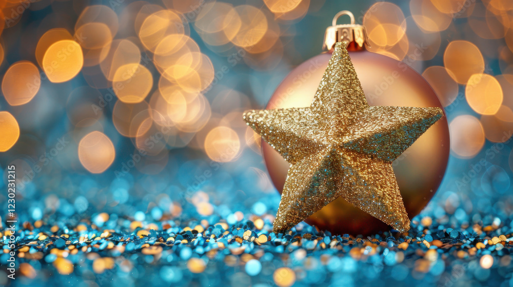sparkling gold star ornament rests beside festive Christmas bauble, creating joyful holiday atmosphere with shimmering lights sparkling gold star ornament rests beside festive Christmas bauble, creating joyful holiday atmosphere with shimmering lights