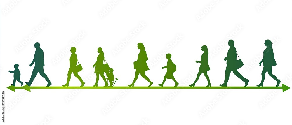Obraz premium This vector illustration shows the evolution of human life in silhouette style, from birth to old age with people walking along green arrows on a white background. Vector Illustration of Human Life
