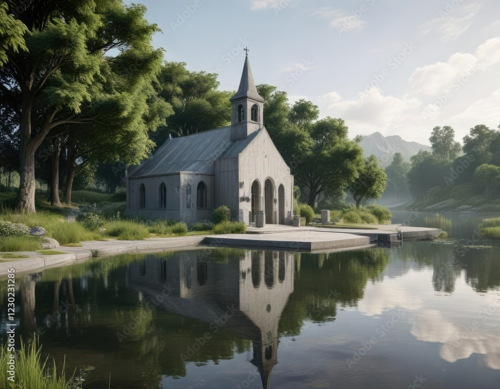 Simple grey concrete church with a tranquil lake and lush greenery in the background, lush greenery, green oasis