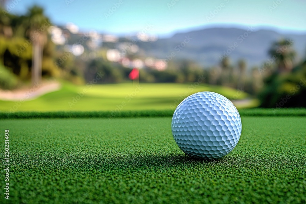 Fototapeta premium Golf ball on green, course, hills, flag, sunny day, sports image